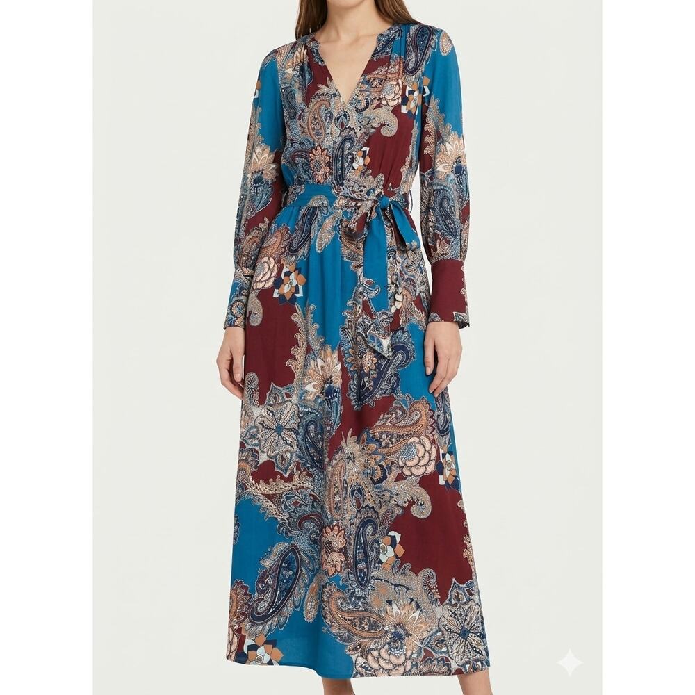 New Ramy Brook Paisley Boho Maxi Dress V Neck Long Sleeve Blue Burgundy